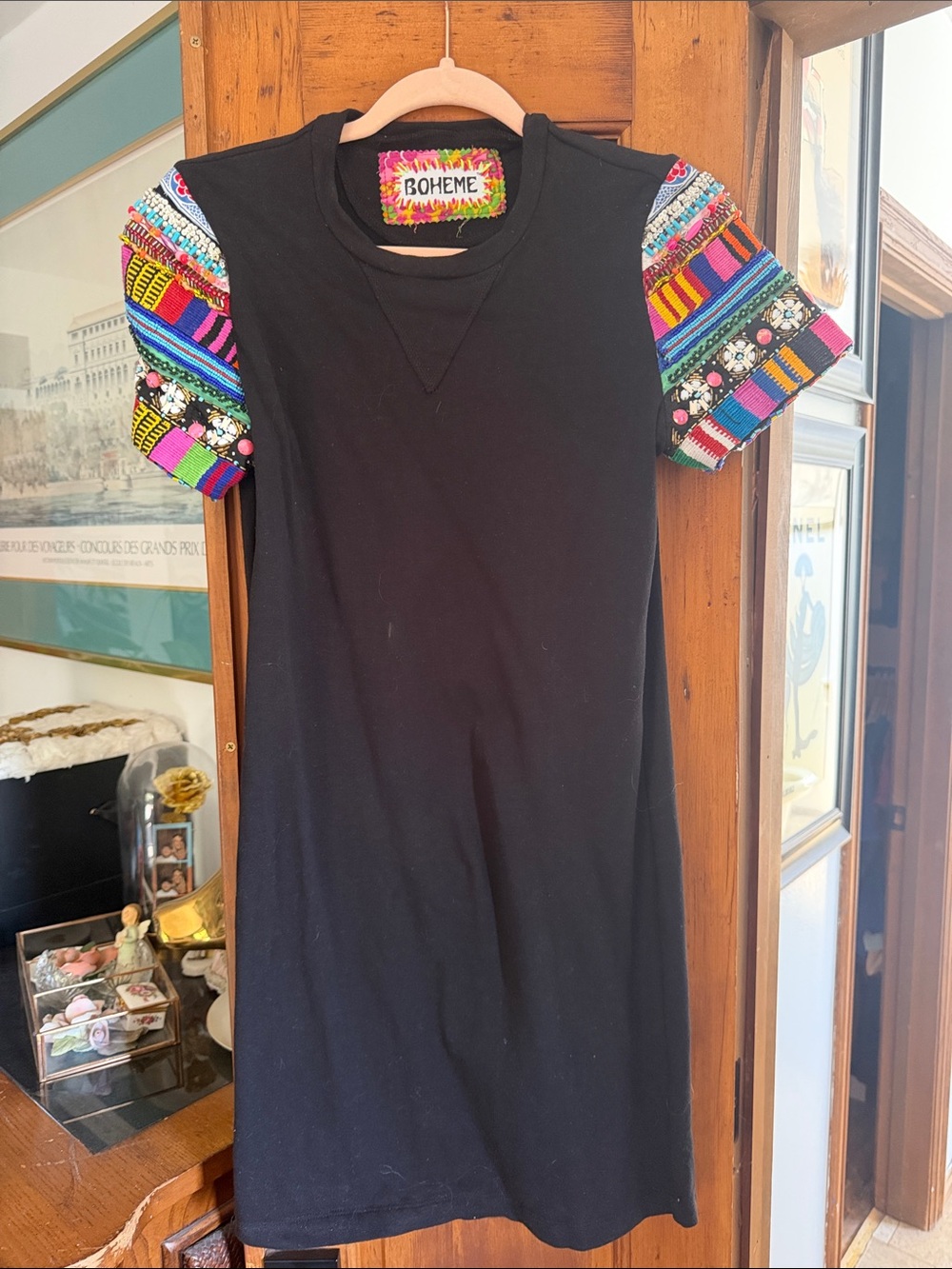 Boheme Black Dress with Multicolor Embroidered Puff Sleeves